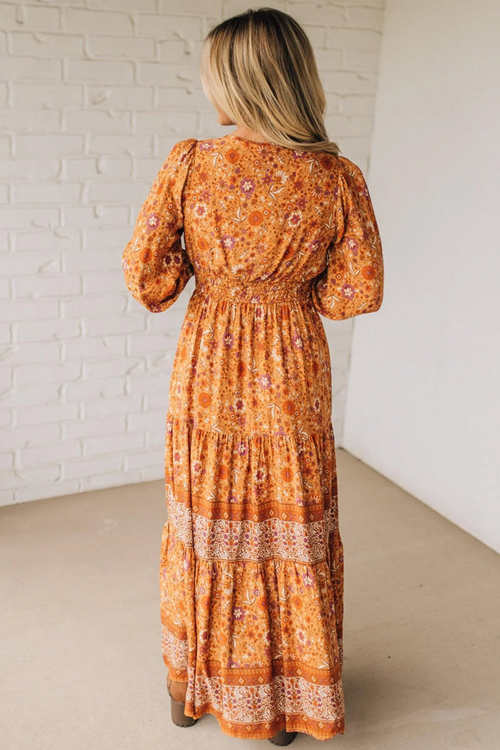 Orange Floral Print Smocked Waist Long Sleeve Boho Maxi Dress-Dresses/Floral Dresses-[Adult]-[Female]-2022 Online Blue Zone Planet