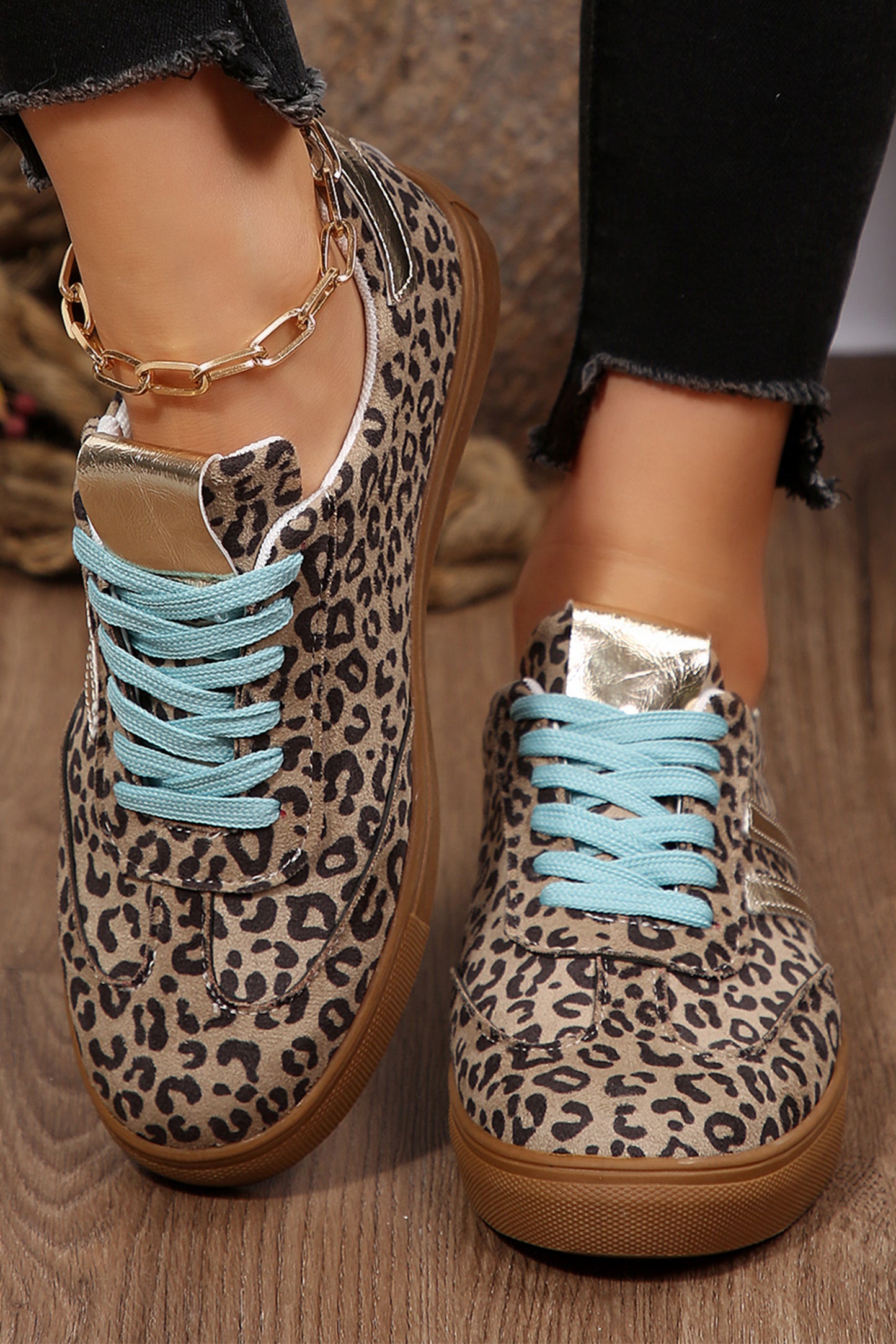 Coffee Faux Suede Leopard Print Sleek PU Leather Detail Lace Up Sneakers-Shoes & Bags/Womens Shoes-[Adult]-[Female]-2022 Online Blue Zone Planet