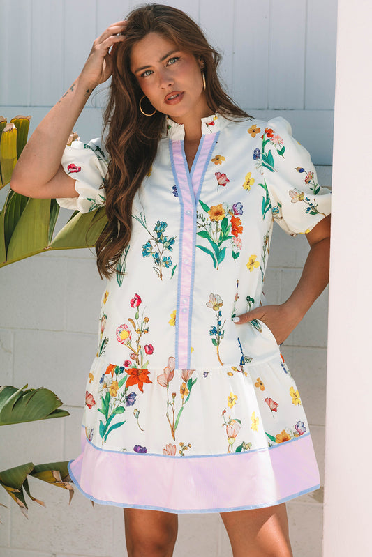 White Floral Print Contrast Striped Patchwork Short Puff Sleeve Dress-TOPS / DRESSES-[Adult]-[Female]-White-S-2022 Online Blue Zone Planet
