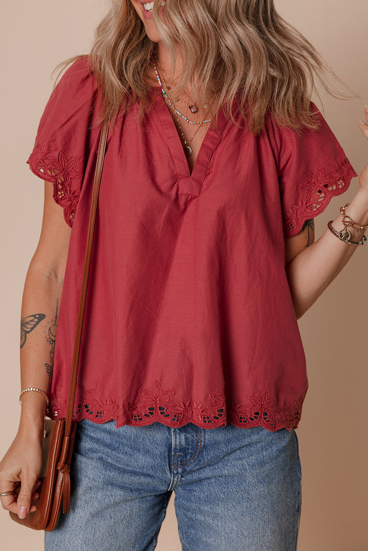 Red Dahlia Floral Embroidered Scallop Trim Short Sleeve V Neck Blouse-Tops/Blouses & Shirts-[Adult]-[Female]-Red Dahlia-S-2022 Online Blue Zone Planet