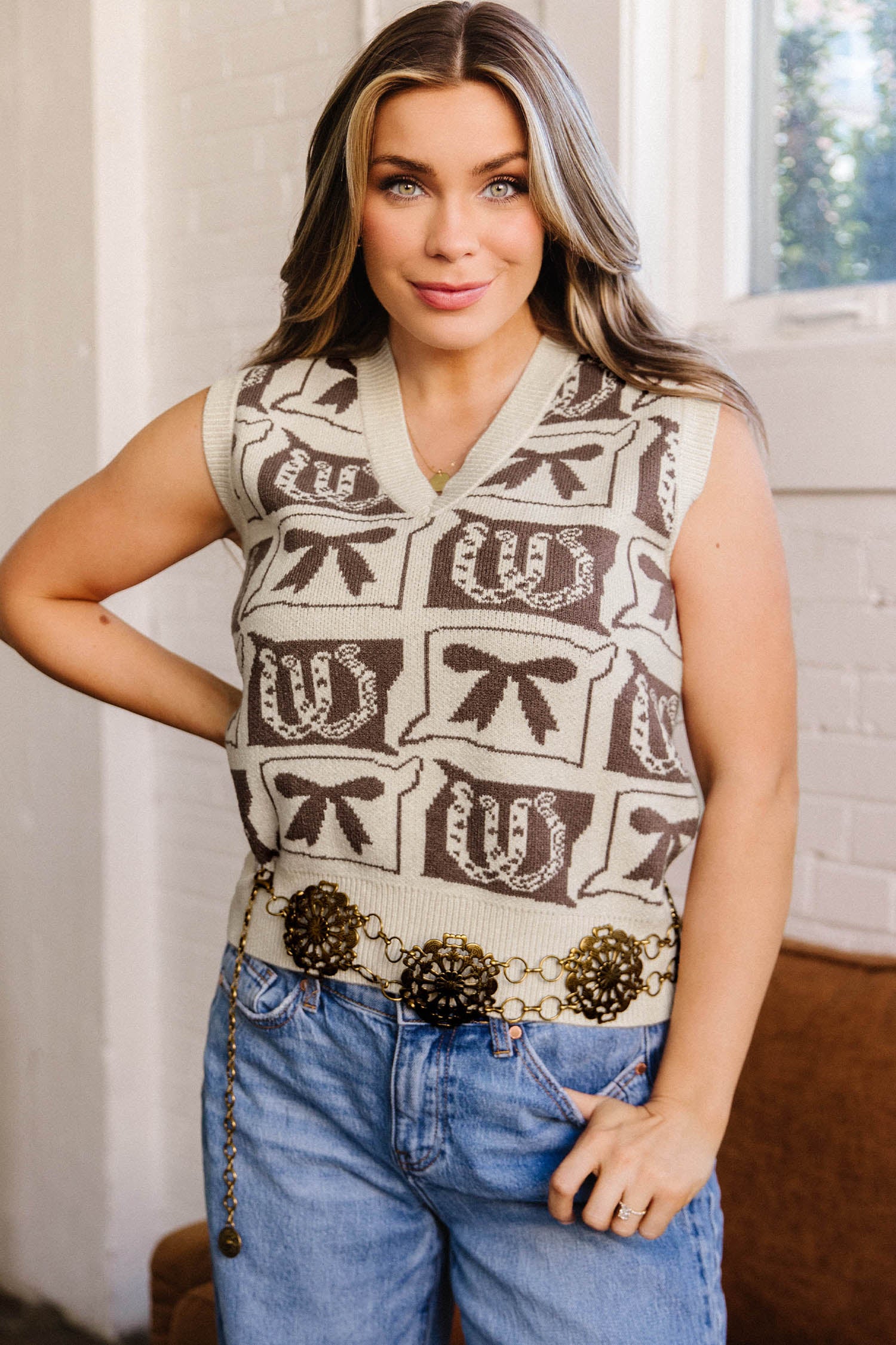 Brown Western Horseshoe Bow Printed V Neck Loose Sweater Vest-TOPS / DRESSES-[Adult]-[Female]-2022 Online Blue Zone Planet