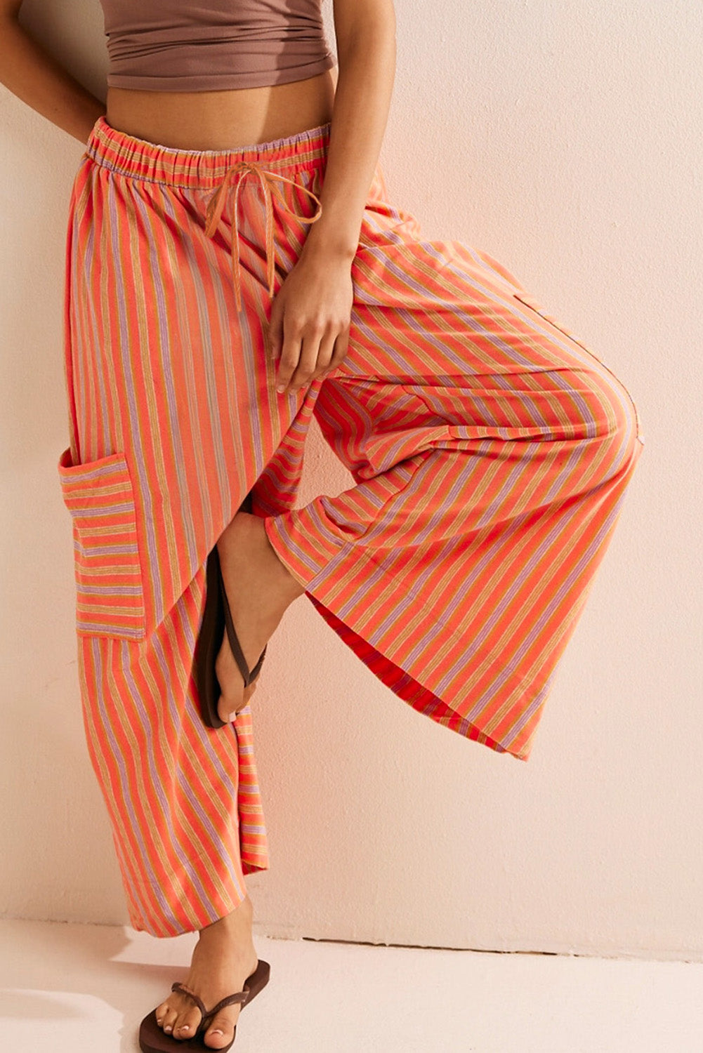 Orange Stripe Cropped Palazzo Pants with Pockets-Bottoms/Pants & Culotte-[Adult]-[Female]-2022 Online Blue Zone Planet