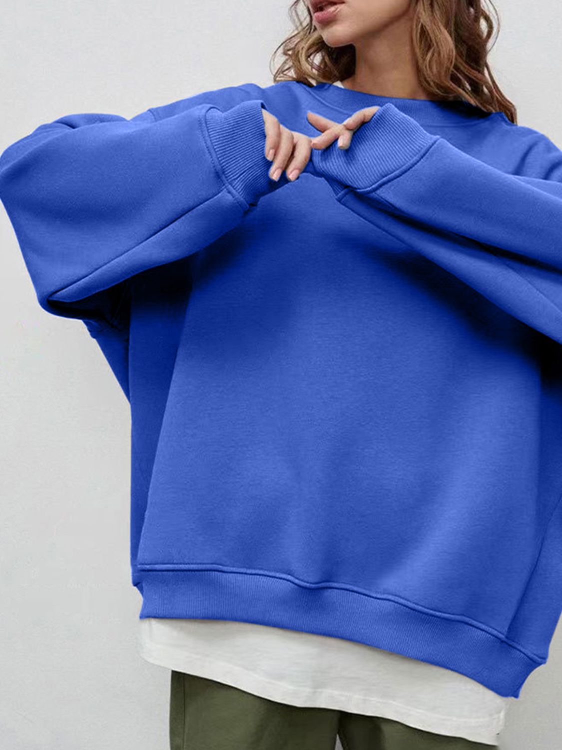 Round Neck Dropped Shoulder Long Sleeve Sweatshirt-TOPS / DRESSES-[Adult]-[Female]-Royal Blue-M-2022 Online Blue Zone Planet