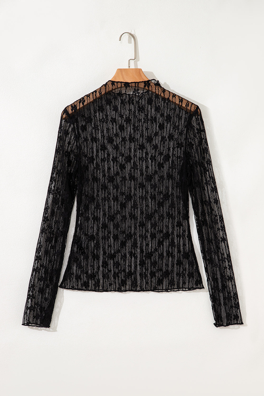 Black Sheer Floral Lace Long Sleeve Slim Fit Top-Tops/Long Sleeve Tops-[Adult]-[Female]-2022 Online Blue Zone Planet