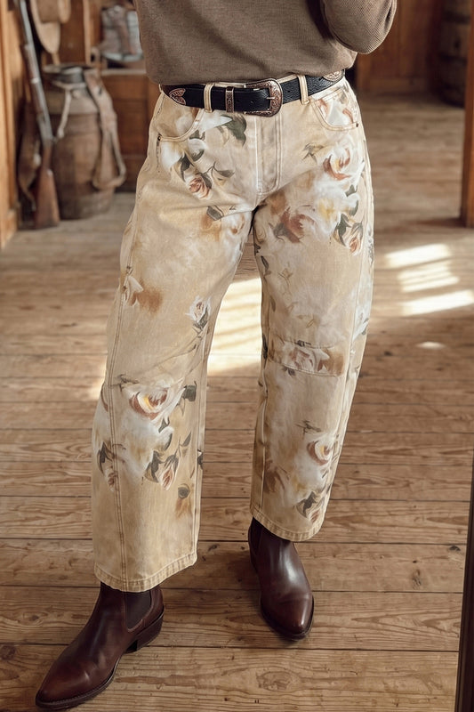 Khaki Retro Floral Print Relaxed Barrel Jeans-Bottoms/Jeans-[Adult]-[Female]-Khaki-4-2022 Online Blue Zone Planet