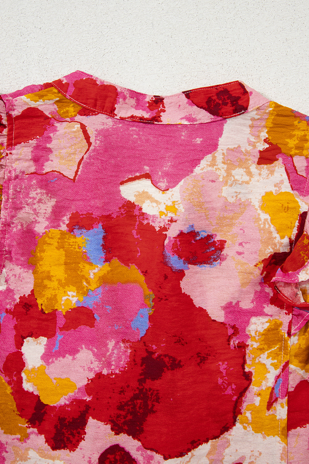 Red Abstract Print Split V Neck Ruffle Short Sleeve Blouse-Tops/Blouses & Shirts-[Adult]-[Female]-2022 Online Blue Zone Planet