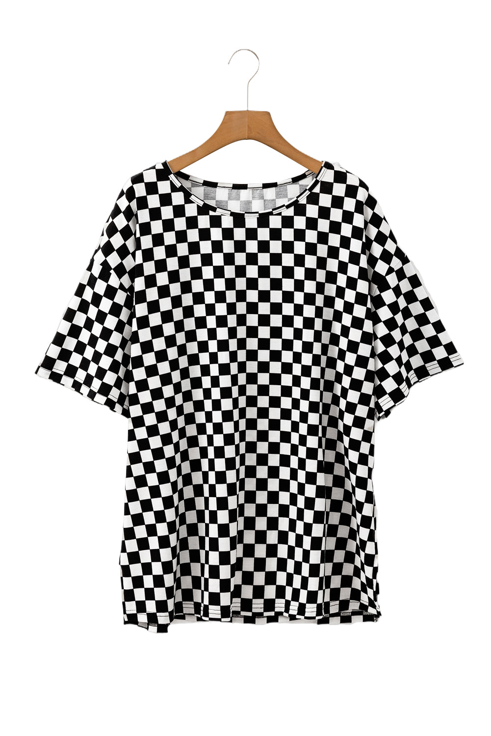 Blue Zone Planet | Black Checkered Print Side Slits O Neck Plus Size T Shirt-Plus Size/Plus Size Tops/Plus Size Tops & Tees-[Adult]-[Female]-2022 Online Blue Zone Planet