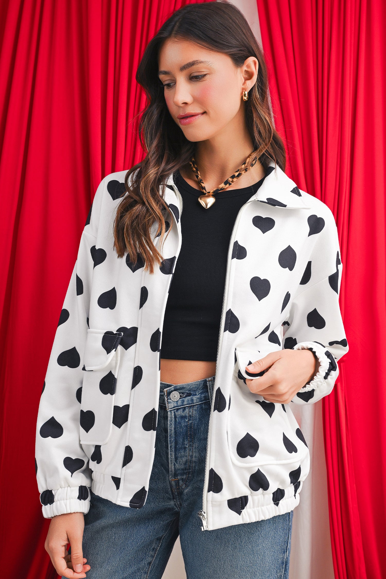 White Zipper Heart Print Collared Jacket-Jackets-[Adult]-[Female]-2022 Online Blue Zone Planet