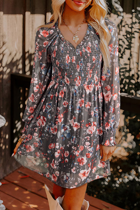 Brown Frilly Smocked Bodice Floral Mesh Long Sleeve Mini Dress-TOPS / DRESSES-[Adult]-[Female]-Brown-S-2022 Online Blue Zone Planet