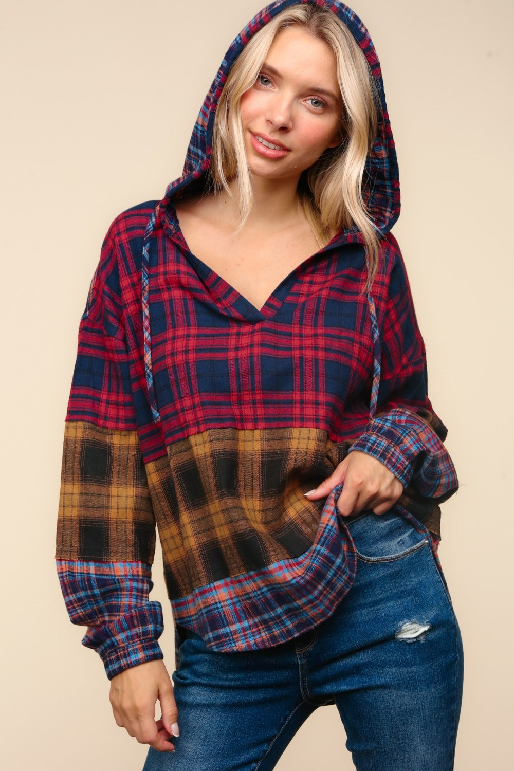 Blue Zone Planet | Haptics Plaid Edge Cut Detail Hooded Top-TOPS / DRESSES-[Adult]-[Female]-2022 Online Blue Zone Planet