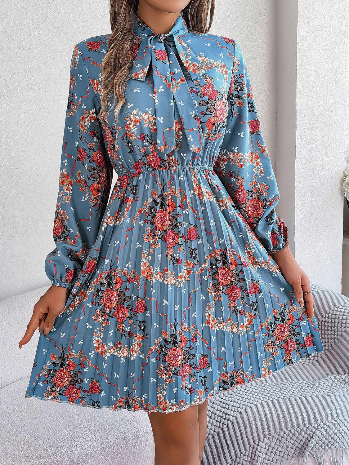 Pleated Printed Tie Neck Long Sleeve Dress-TOPS / DRESSES-[Adult]-[Female]-Dusty Blue-S-2022 Online Blue Zone Planet