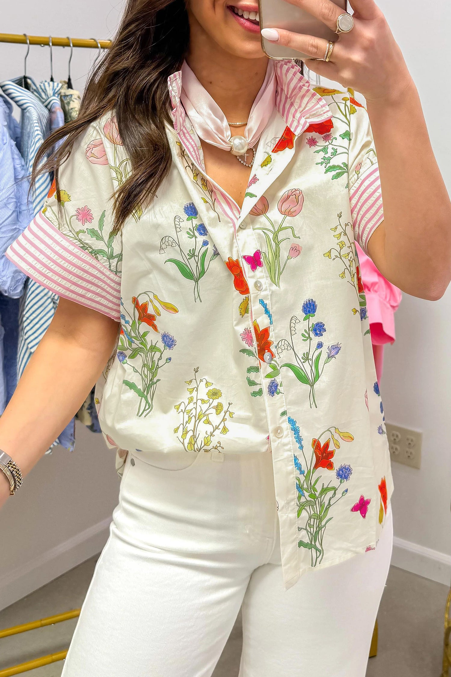 Beige Floral Striped Patchwork Ruffled Collar Short Sleeve Shirt-Tops/Blouses & Shirts-[Adult]-[Female]-2022 Online Blue Zone Planet