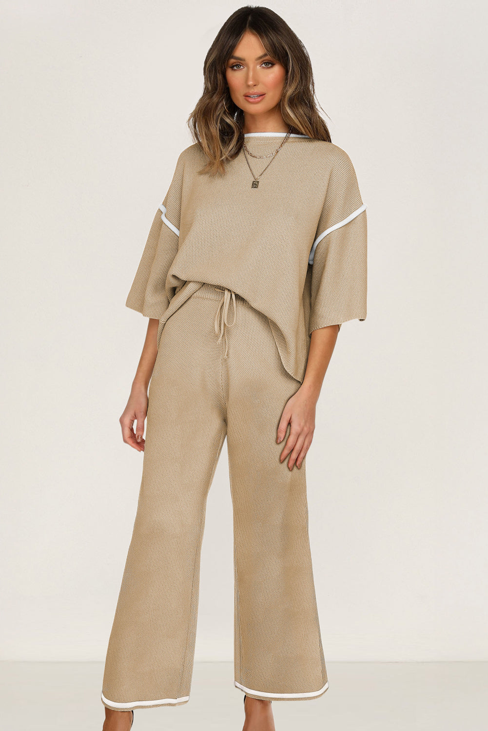 Camel Contrast Trim Half Sleeve Top Drawstring Pants Loose 2pcs Sweater Suit-Two Piece Sets/Pant Sets-[Adult]-[Female]-2022 Online Blue Zone Planet