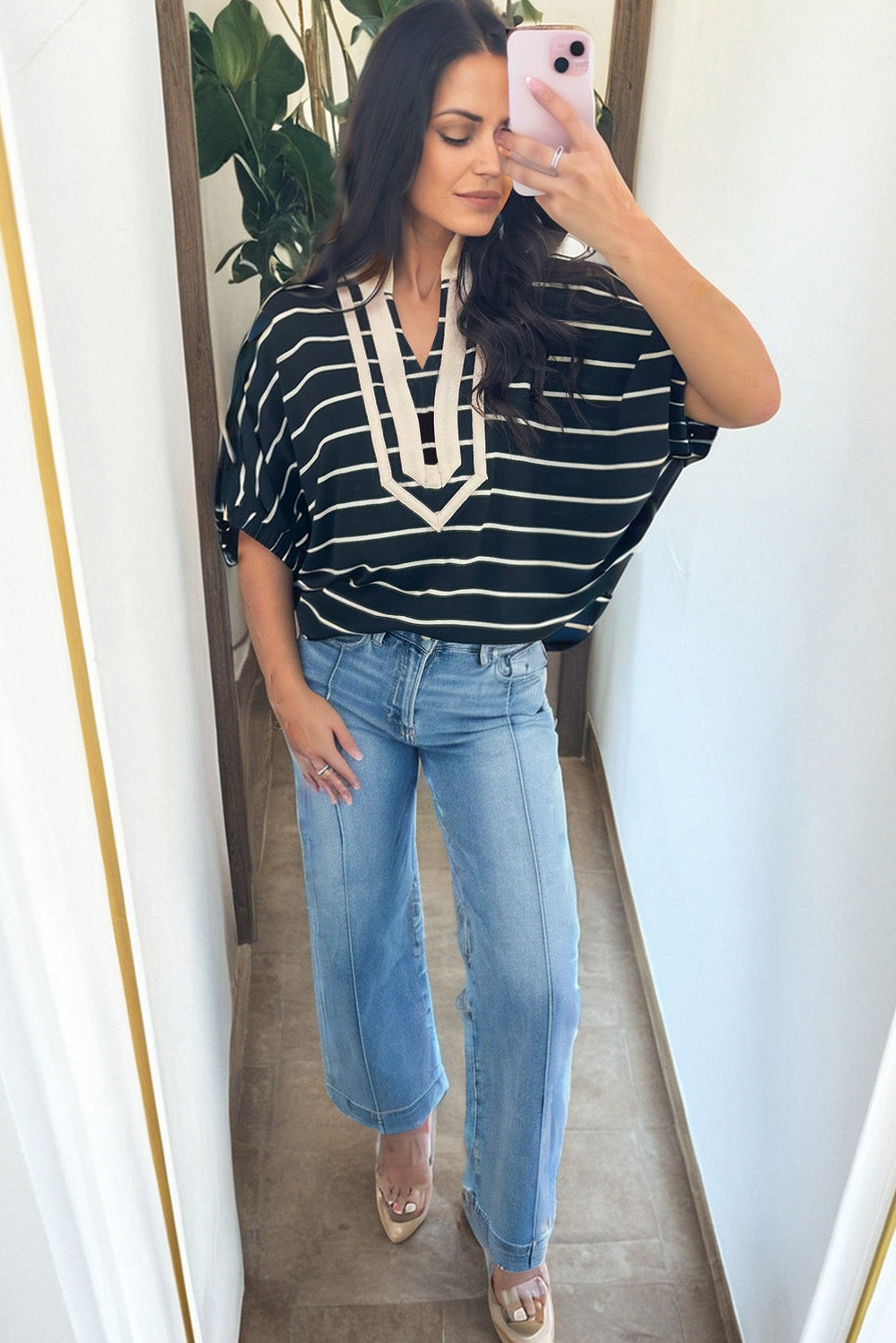 Black Stripe Stand Collar V Neck Elastic Cuffs Half Sleeve Dolman Top-Tops/Blouses & Shirts-[Adult]-[Female]-2022 Online Blue Zone Planet