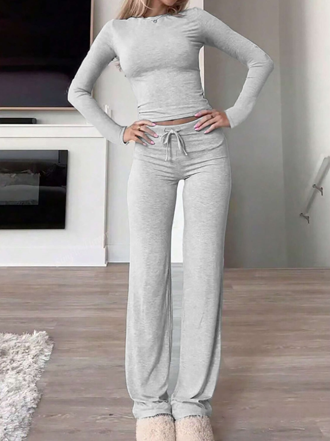 Blue Zone Planet |  Round Neck Long Sleeve Top and Drawstring Pants Set