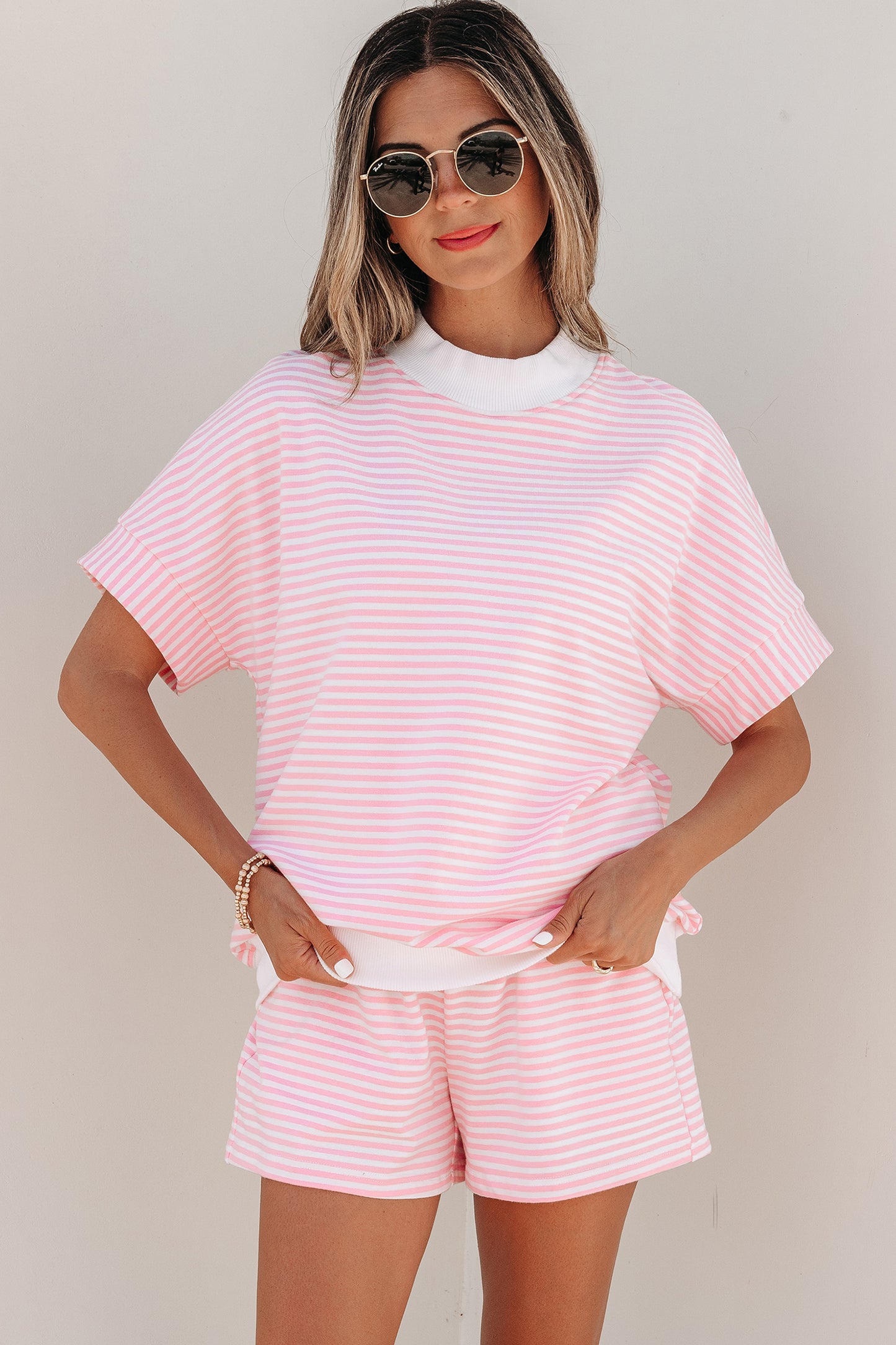 Pink Stripe Cuffed Sleeve Contrast Mock Neck Tee Casual 2pcs Short Set-Two Piece Sets/Short Sets-[Adult]-[Female]-2022 Online Blue Zone Planet