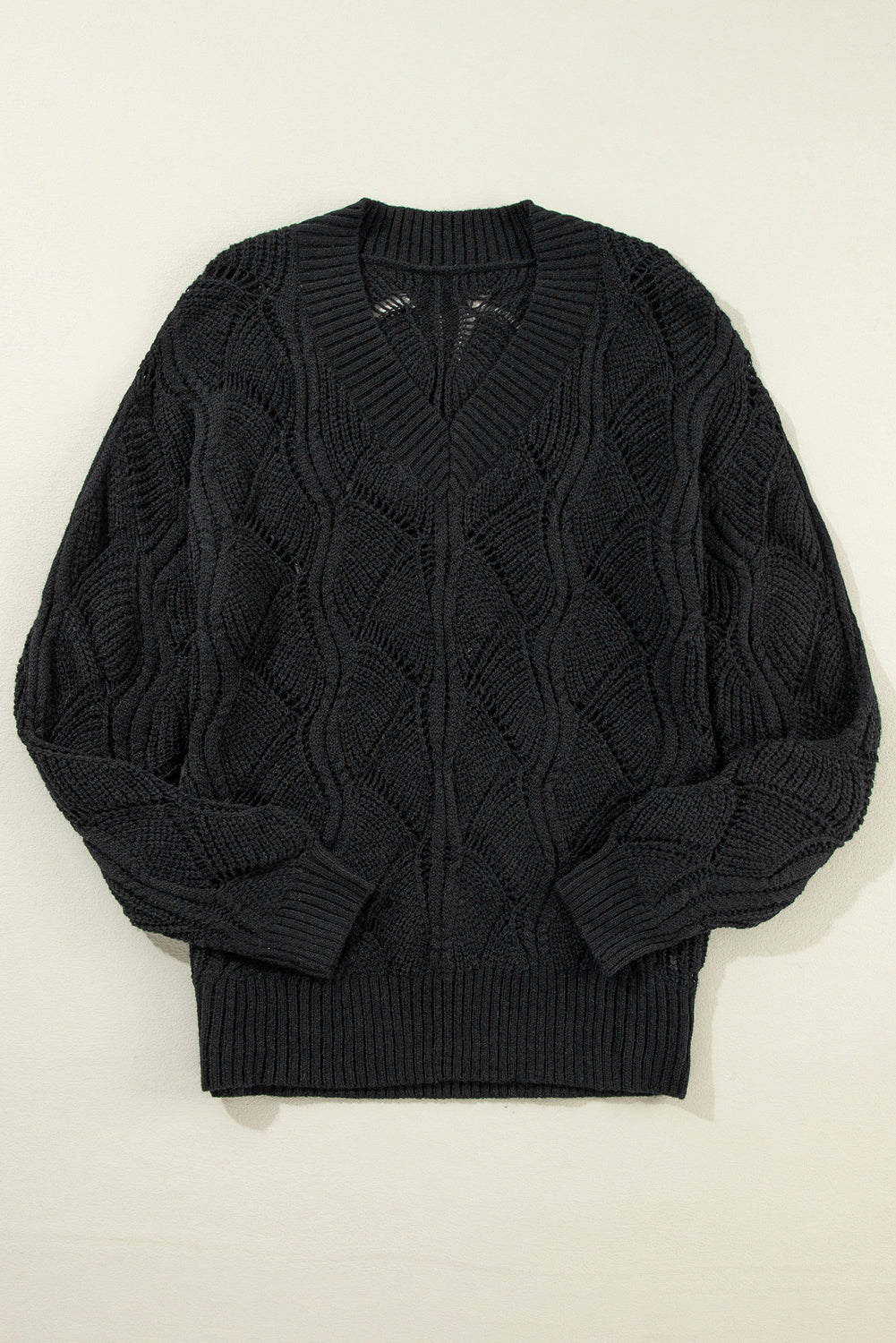 Black Hollow Out Knit V Neck Drop Shoulder Sweater-Sweaters & Cardigans/Sweaters-[Adult]-[Female]-2022 Online Blue Zone Planet