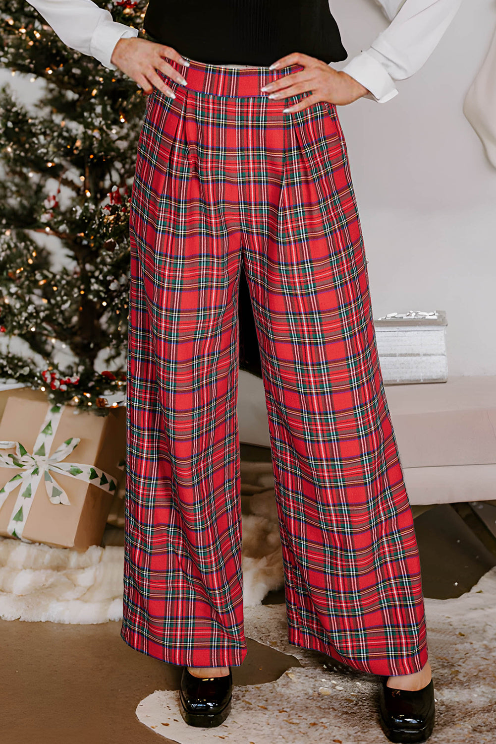 Red Festive Plaid Wide Leg Pull On Pants-TOPS / DRESSES-[Adult]-[Female]-Red-S-2022 Online Blue Zone Planet