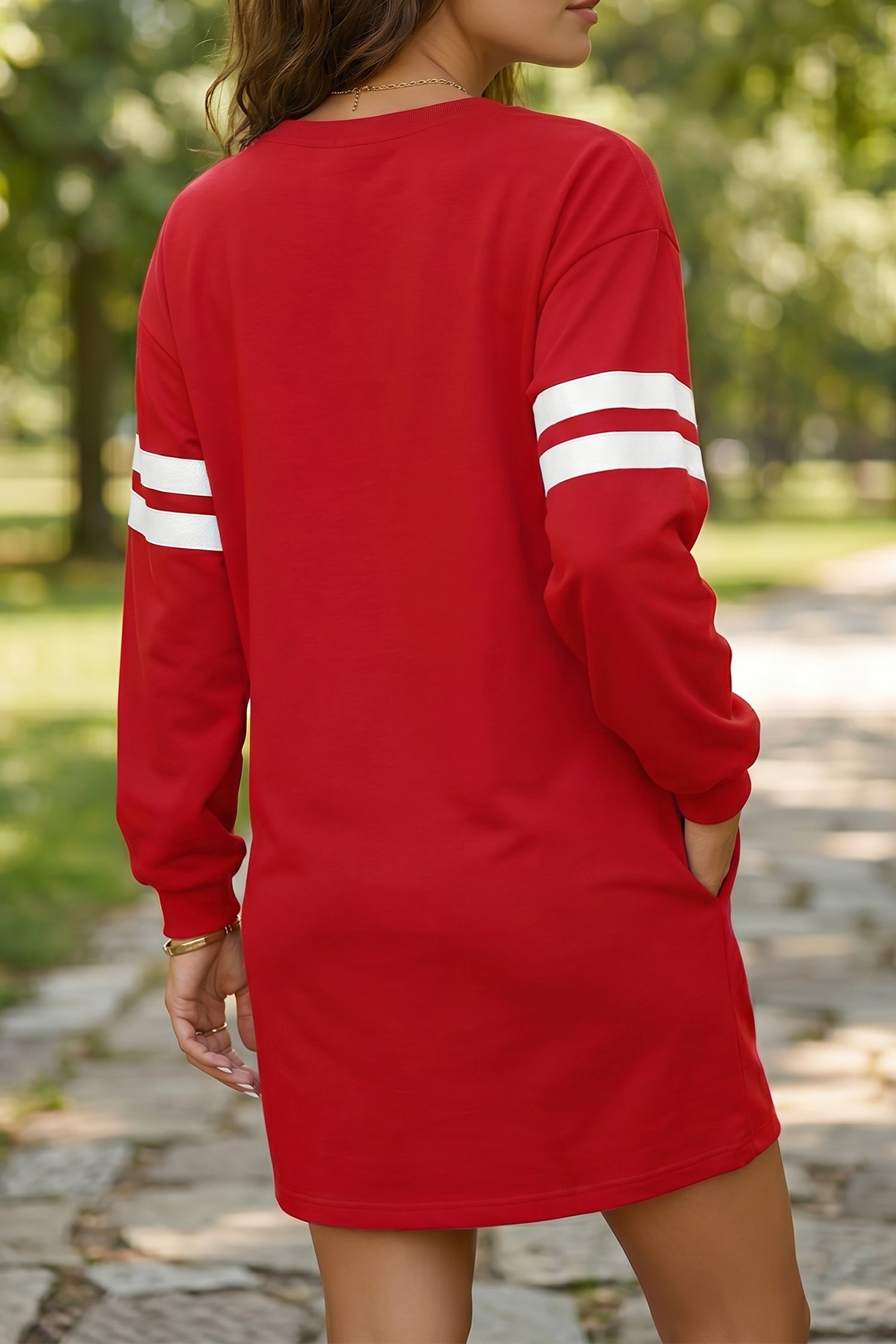 Fiery Red Varsity Contrast Banded Sleeve Shift Sweatshirt Dress-TOPS / DRESSES-[Adult]-[Female]-2022 Online Blue Zone Planet