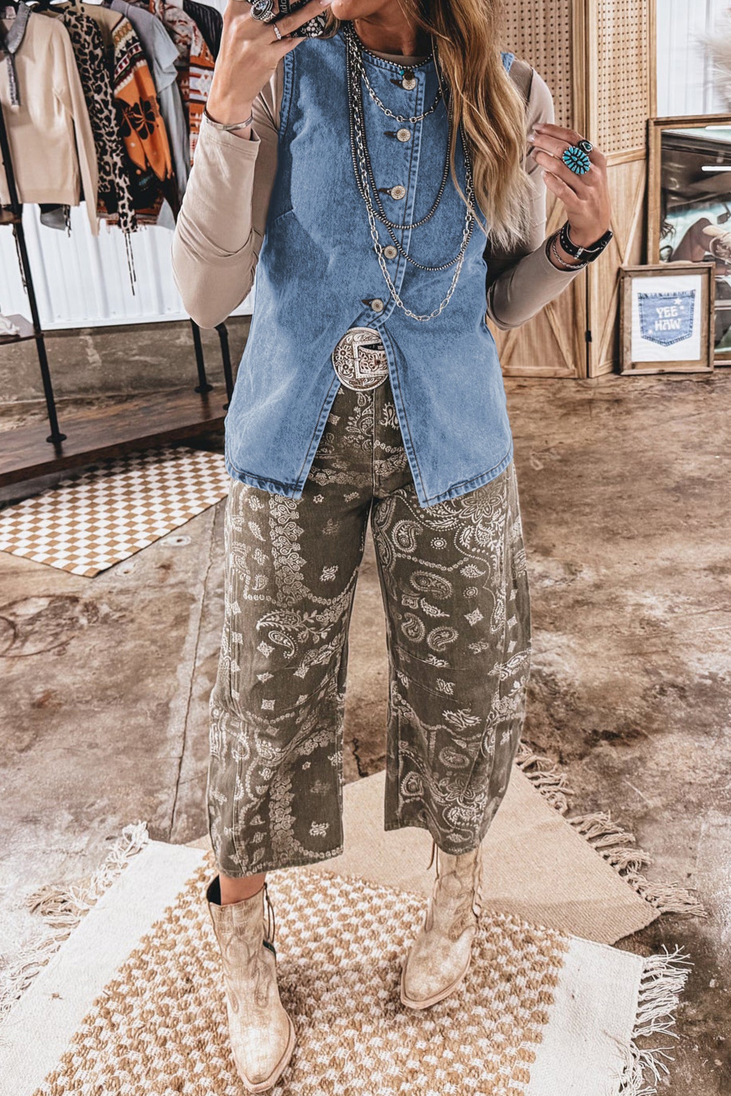Black Buttoned Front Slit Denim Vest-Tops/Tank Tops-[Adult]-[Female]-2022 Online Blue Zone Planet