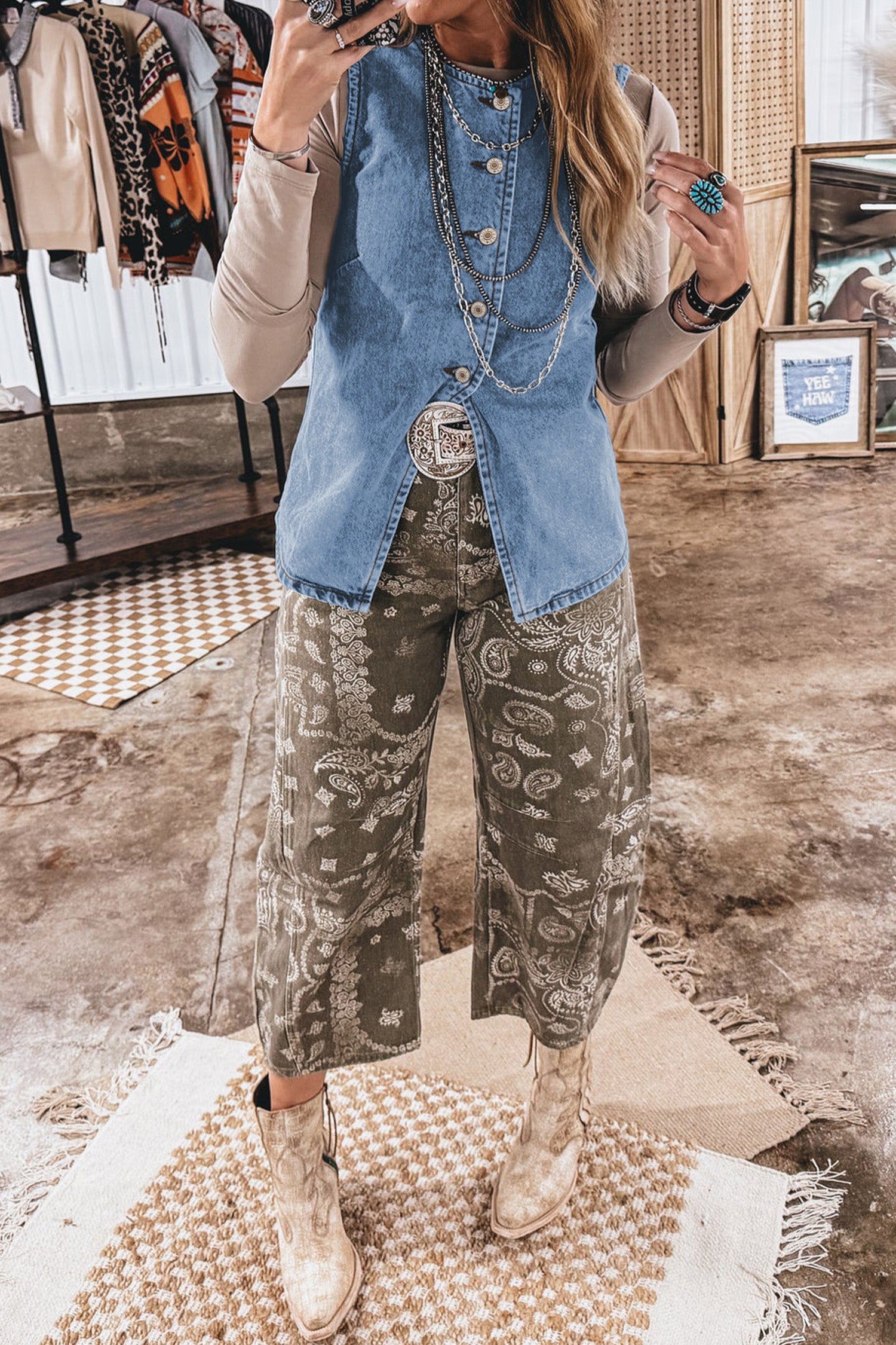 Black Buttoned Front Slit Denim Vest-Tops/Tank Tops-[Adult]-[Female]-2022 Online Blue Zone Planet