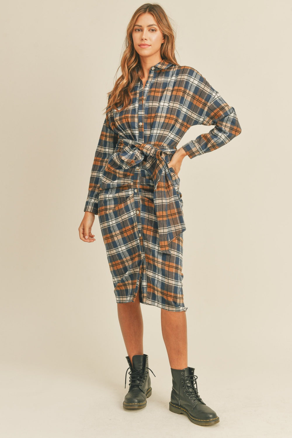 Blue Zone Planet | Mable Plaid Flannel Front Tie Button Down Shirt Dress-TOPS / DRESSES-[Adult]-[Female]-Camel-S-2022 Online Blue Zone Planet