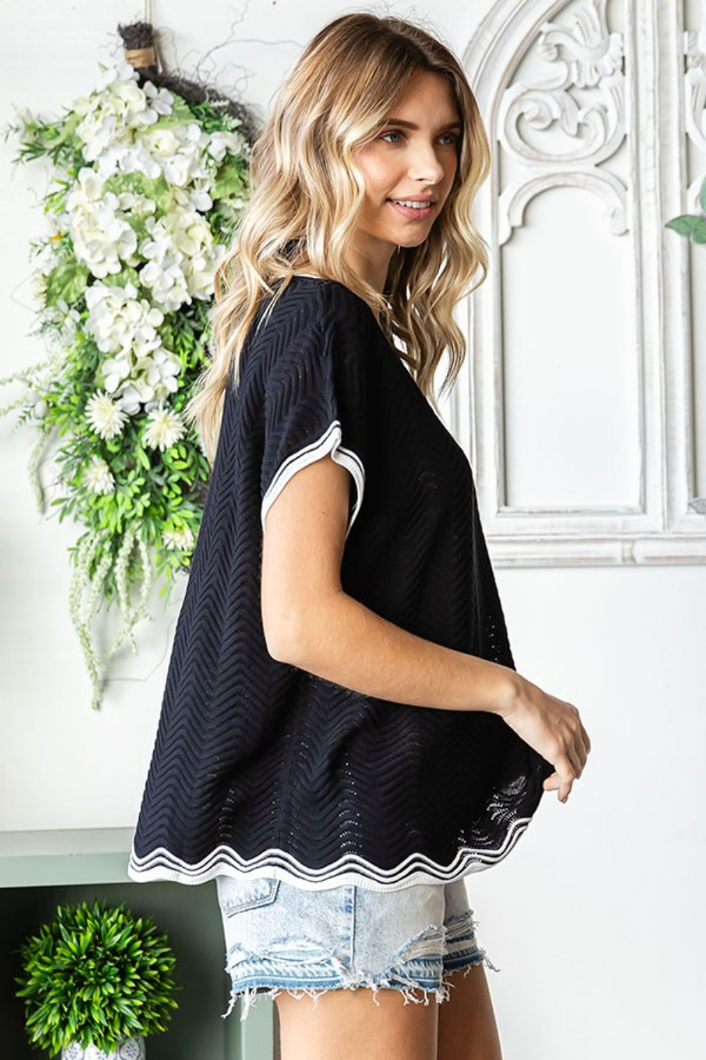 Blue Zone Planet | First Love Full Size Contrast Wavy Crochet Drop Shoulder Knit Top-TOPS / DRESSES-[Adult]-[Female]-2022 Online Blue Zone Planet