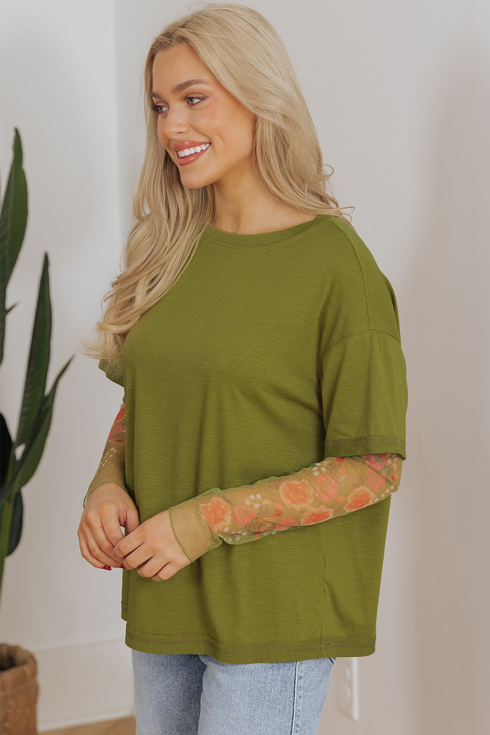 Blue Zone Planet | Fern Green Faux Two Piece Floral Long Sleeve Patchwork Tee-Tops/Long Sleeve Tops-[Adult]-[Female]-2022 Online Blue Zone Planet