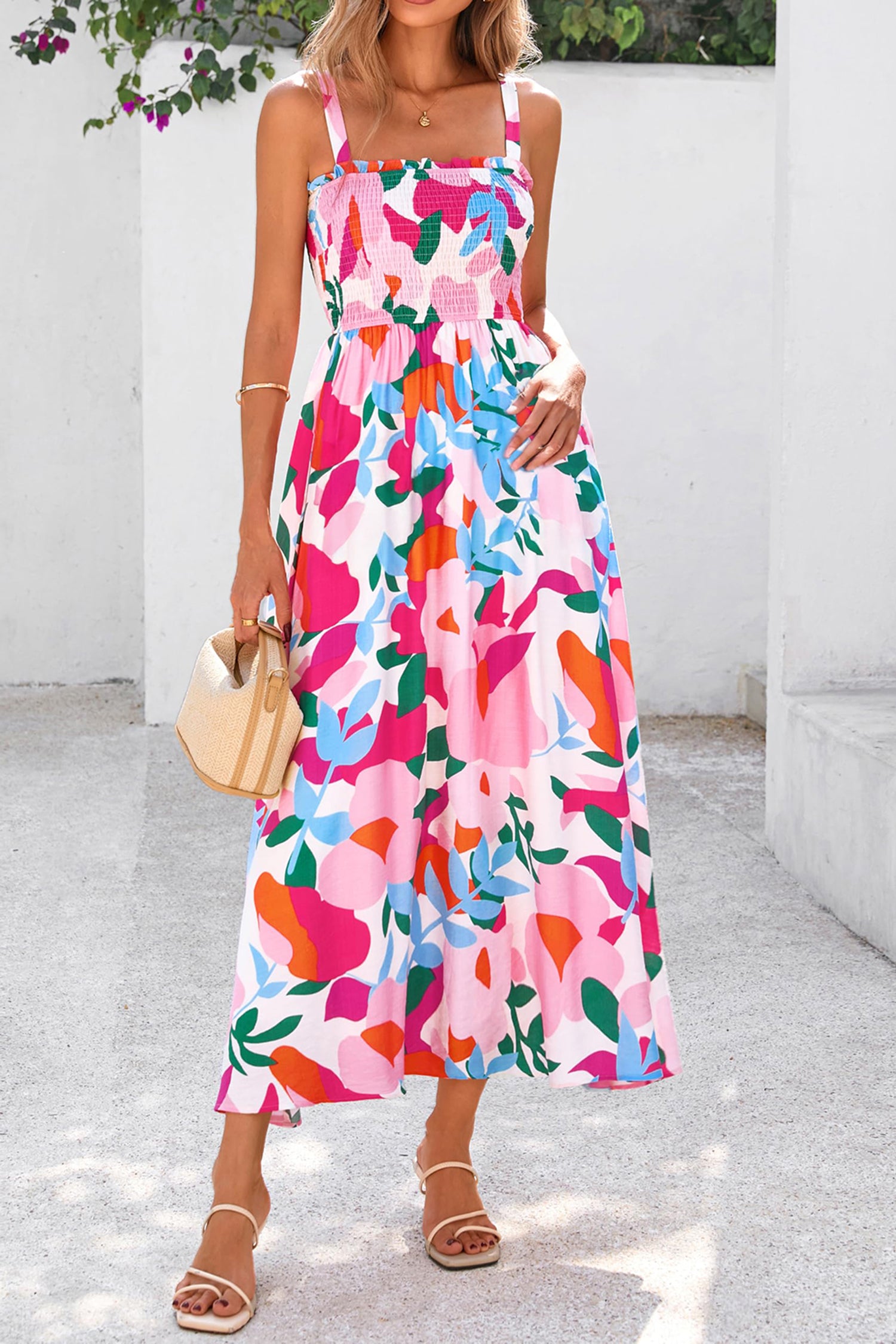 Pink Floral Print Adjustable Straps Smocked High Waist Sundress-Dresses/Floral Dresses-[Adult]-[Female]-Pink-S-2022 Online Blue Zone Planet