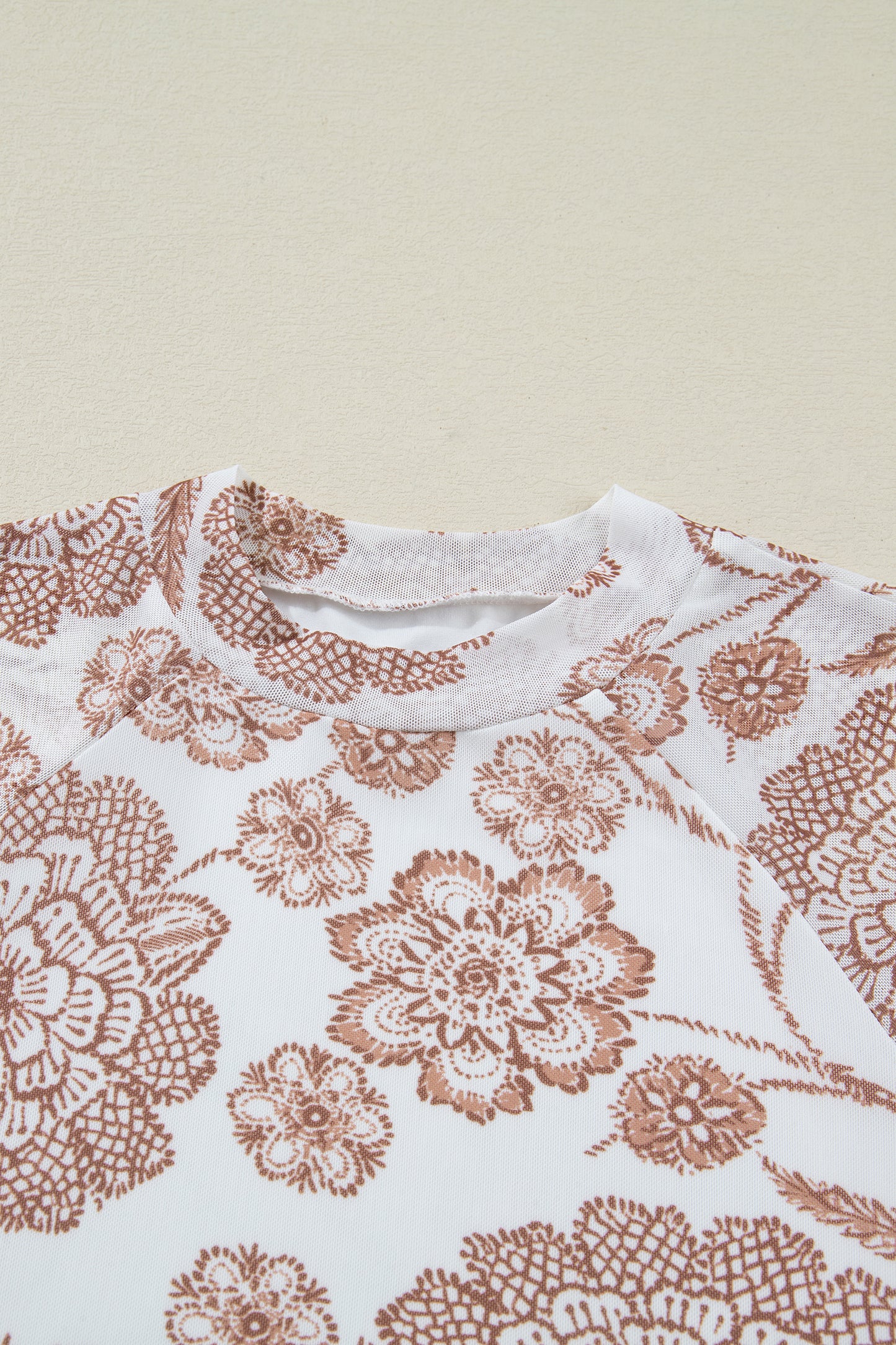 Brown Thumbhole Long Sleeve Floral Print Mesh Top-Tops/Long Sleeve Tops-[Adult]-[Female]-2022 Online Blue Zone Planet