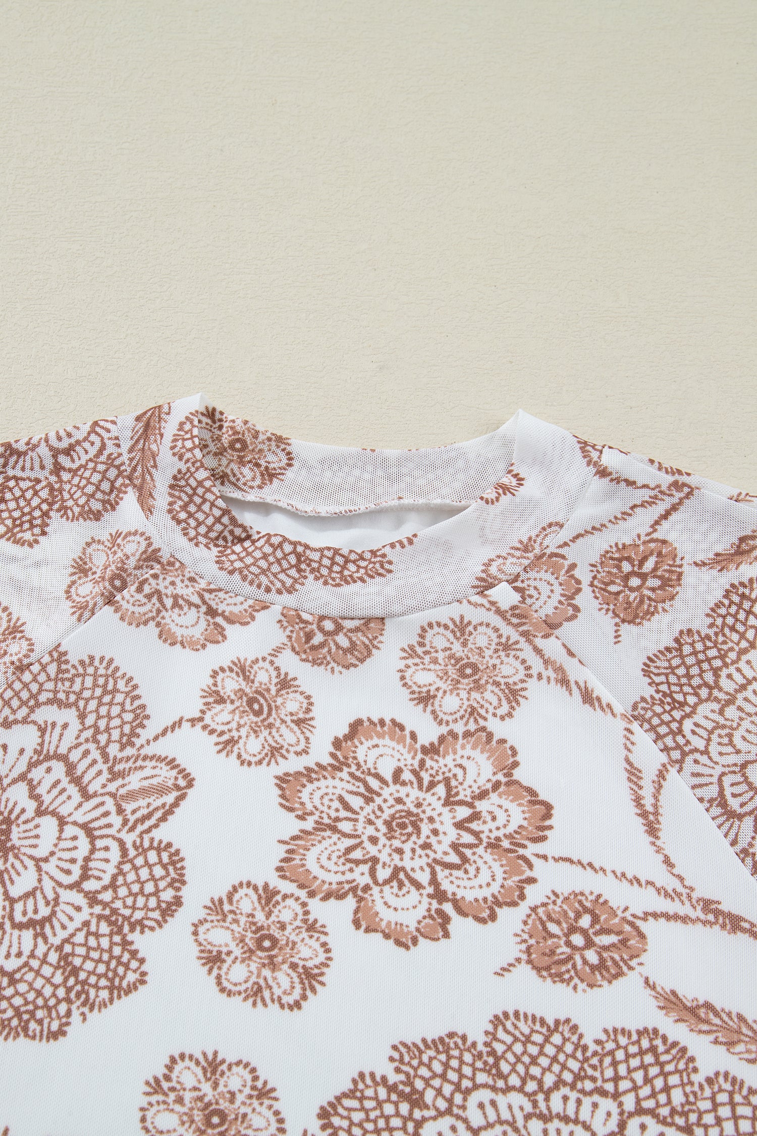 Brown Thumbhole Long Sleeve Floral Print Mesh Top-Tops/Long Sleeve Tops-[Adult]-[Female]-2022 Online Blue Zone Planet