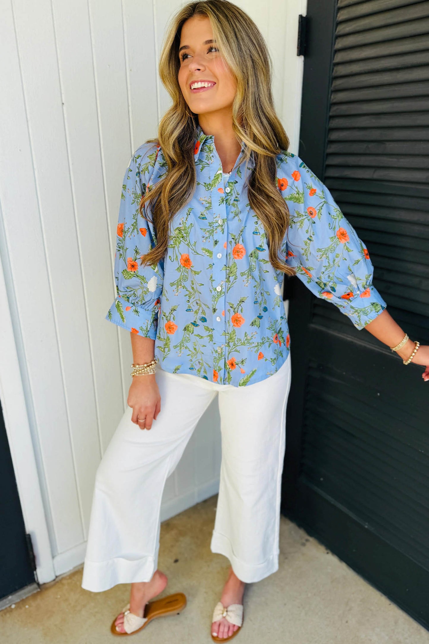 Sky Blue Floral Print Bracelet Sleeve Button Down Casual Shirt-Tops/Blouses & Shirts-[Adult]-[Female]-2022 Online Blue Zone Planet