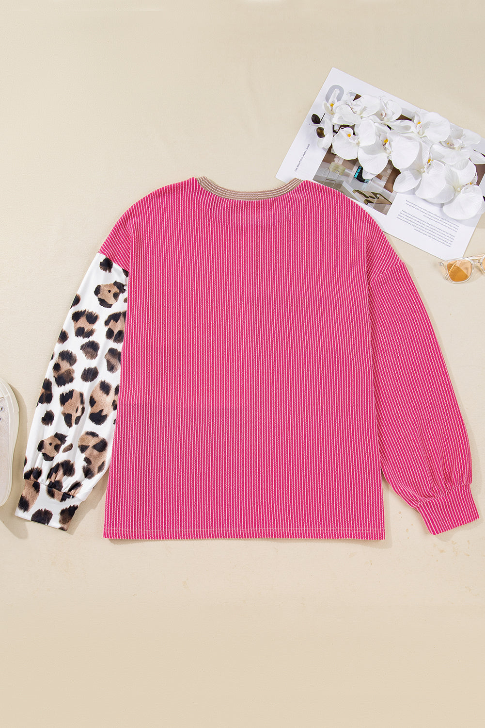 Rose Red Plus Size Twisted Ribbed Color Block Leopard Patchwork Long Sleeve Top-Plus Size/Plus Size Tops-[Adult]-[Female]-2022 Online Blue Zone Planet