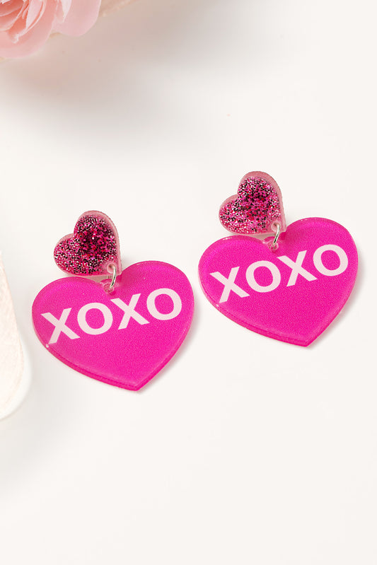 Rose Red Valentine XOXO Print Double Heart Shape Earrings-Earrings-[Adult]-[Female]-Rose Red-ONE SIZE-2022 Online Blue Zone Planet