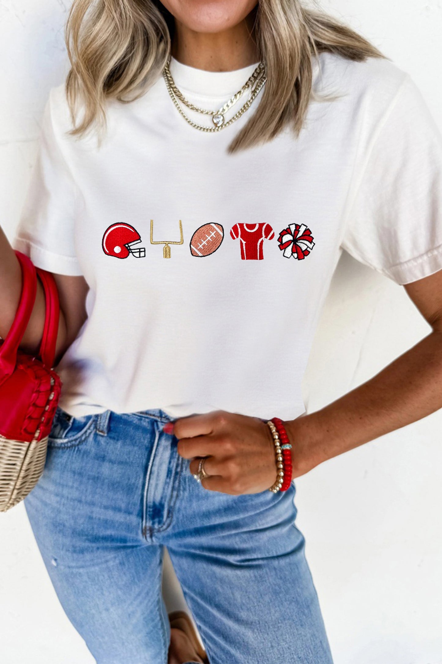 White Embroidered Game Day Theme Football Graphic Tee