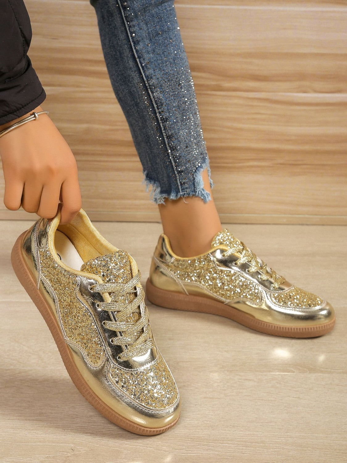 Sequin PU Leather Flat Sneakers-SHOES-[Adult]-[Female]-2022 Online Blue Zone Planet