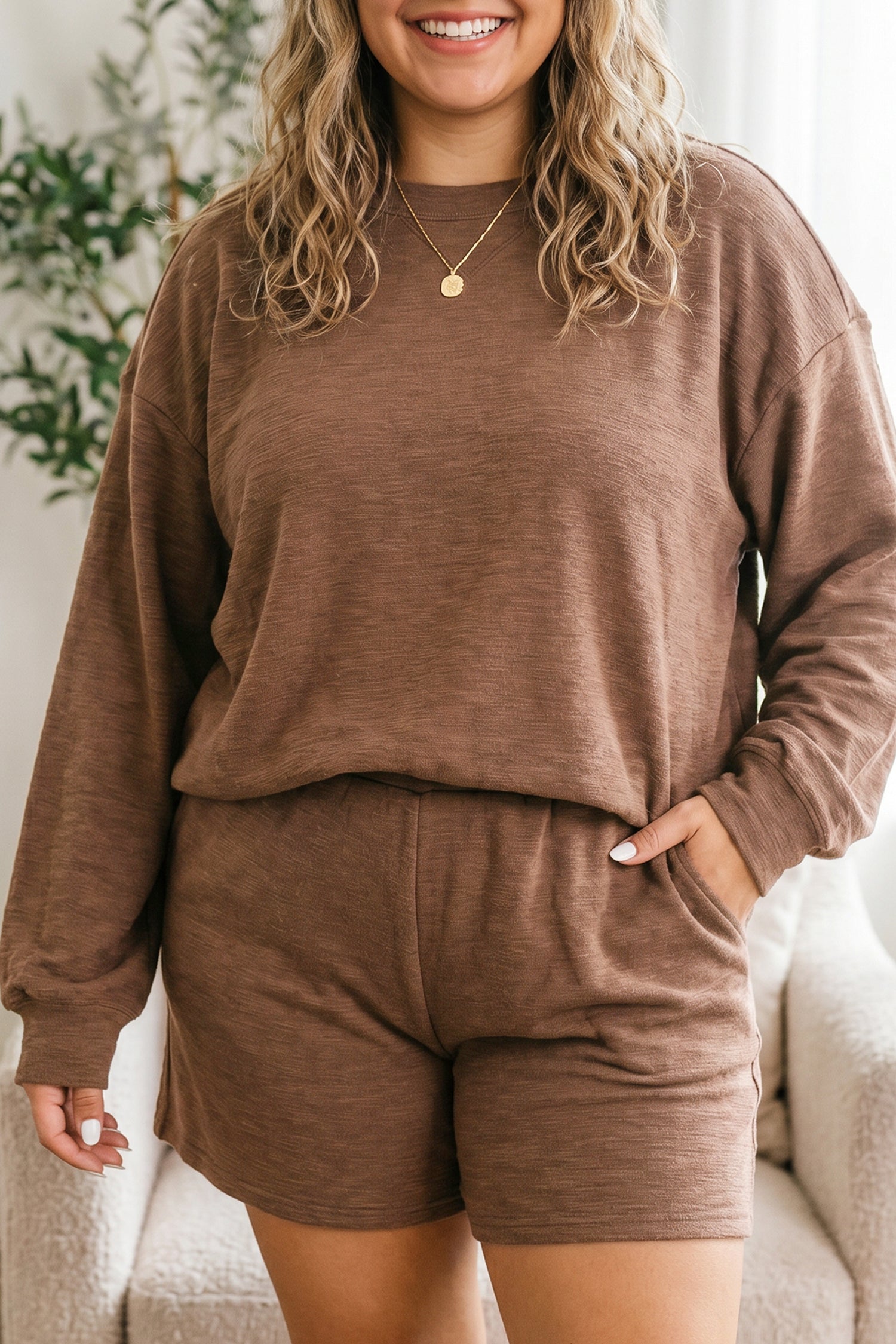 Chestnut Drop Shoulder Long Sleeve Top Elastic Waist Shorts Plus Size Set-Plus Size/Plus Size Loungewear-[Adult]-[Female]-Chestnut-1X-2022 Online Blue Zone Planet