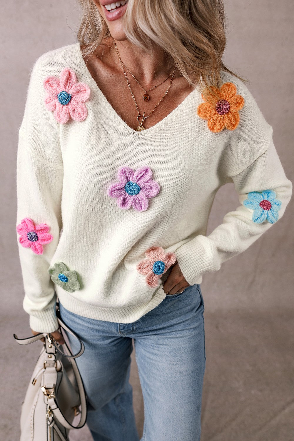 Crochet Flower V-Neck Long Sleeve Sweater-TOPS / DRESSES-[Adult]-[Female]-2022 Online Blue Zone Planet