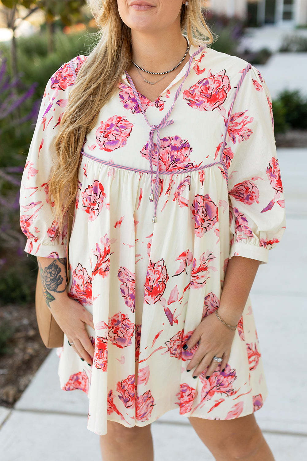 Blue Zone Planet | White Floral Print Lace up V Neck Balloon Sleeve Plus Size Shift Mini Dress-TOPS / DRESSES-[Adult]-[Female]-2022 Online Blue Zone Planet