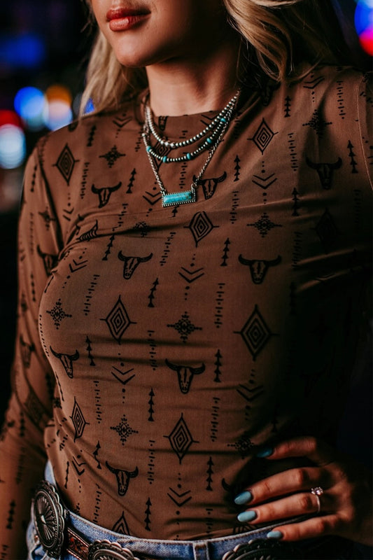 Chestnut Retro Western Print Mesh Long Sleeve Sheath Top-Tops/Long Sleeve Tops-[Adult]-[Female]-Chestnut-S-2022 Online Blue Zone Planet