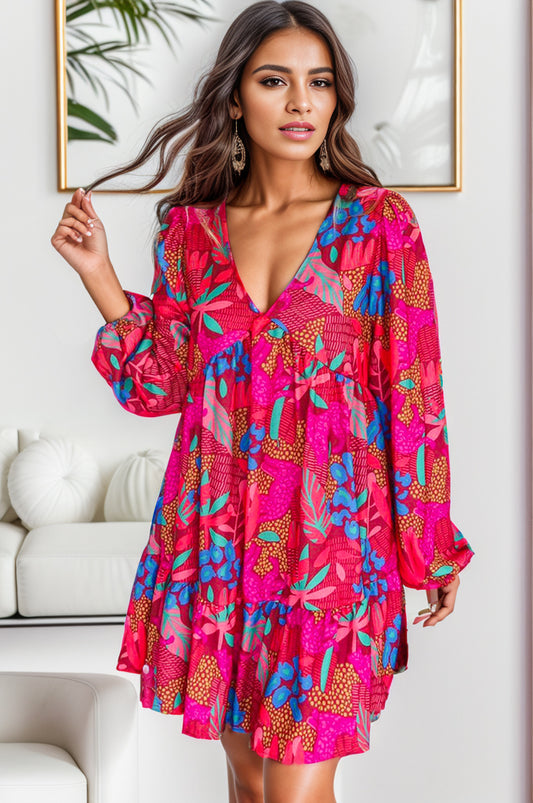 Printed Balloon Sleeve Mini Dress-TOPS / DRESSES-[Adult]-[Female]-Hot Pink-S-2022 Online Blue Zone Planet