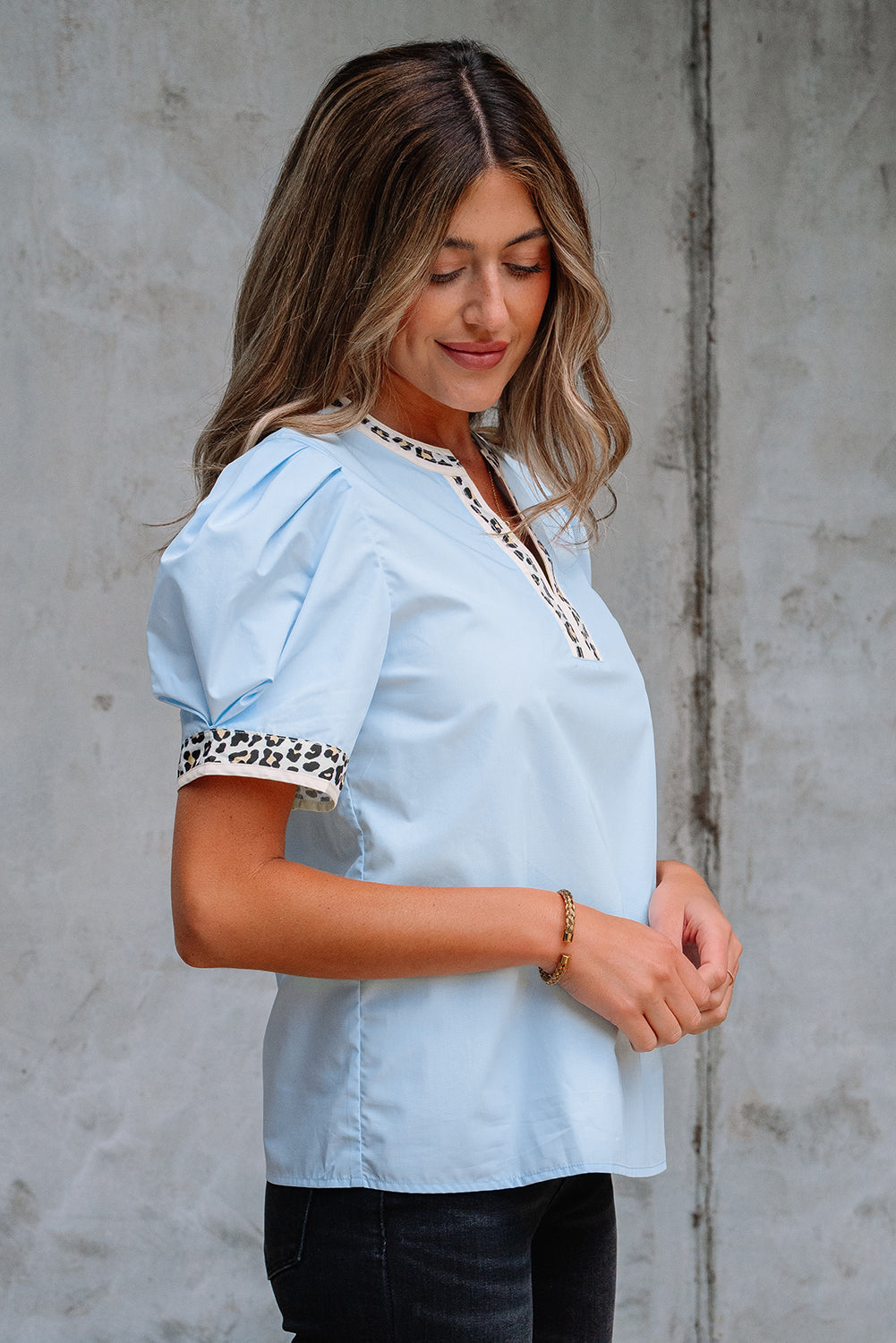 Beau Blue Contrast Leopard Trim Split Neck Puff Sleeve Blouse-Tops/Blouses & Shirts-[Adult]-[Female]-2022 Online Blue Zone Planet