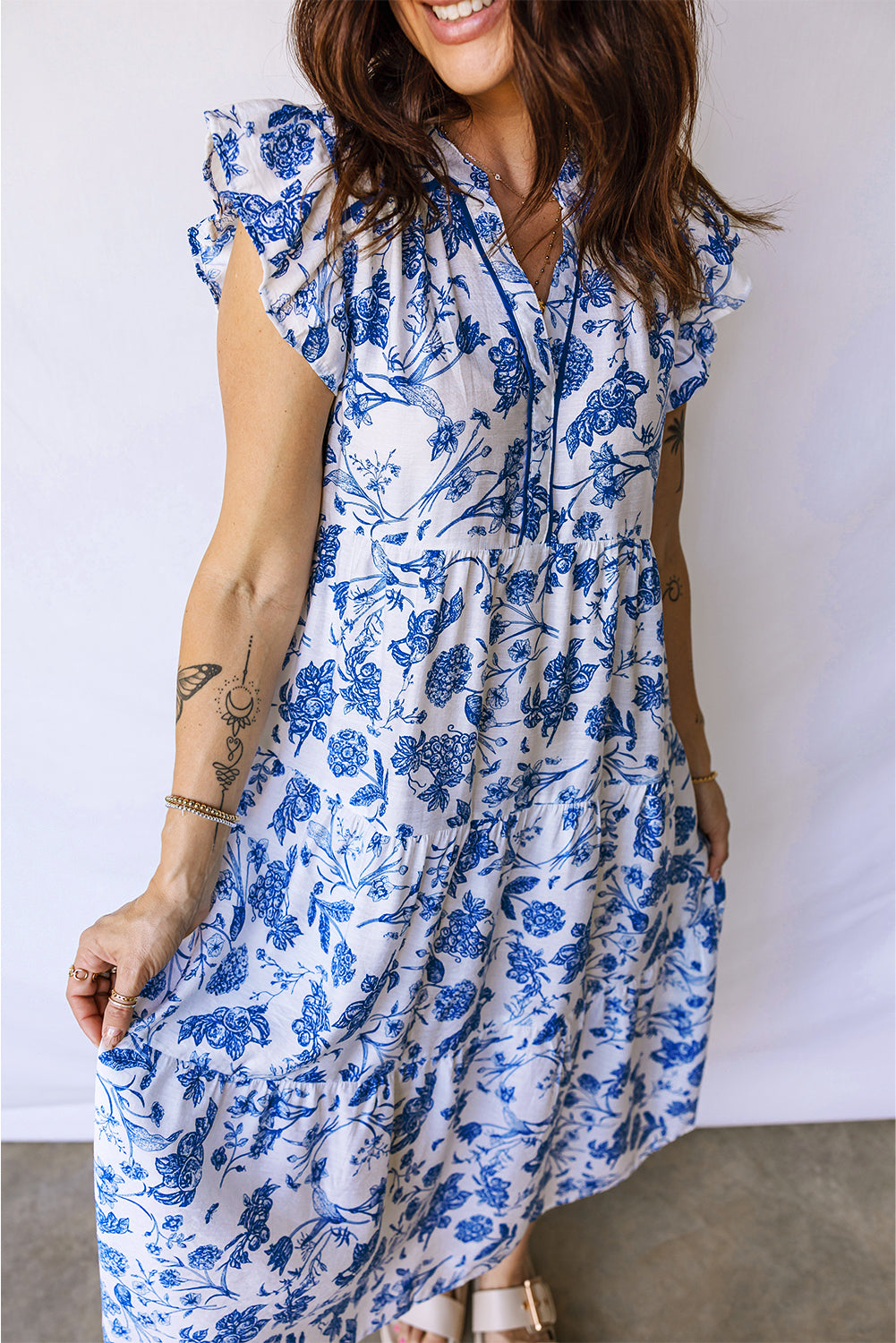 Blue Ruffled Short Sleeve Tiered Floral Midi Dress-Dresses/Floral Dresses-[Adult]-[Female]-2022 Online Blue Zone Planet