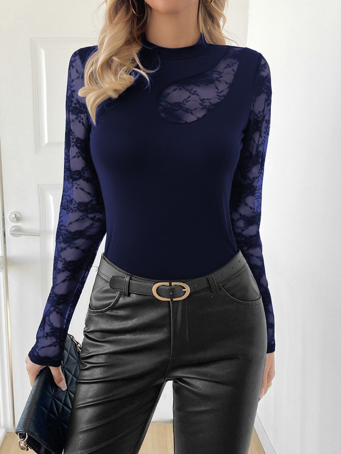 Lace Patchwork Mock Neck Long Sleeve Top-TOPS / DRESSES-[Adult]-[Female]-Navy-S-2022 Online Blue Zone Planet