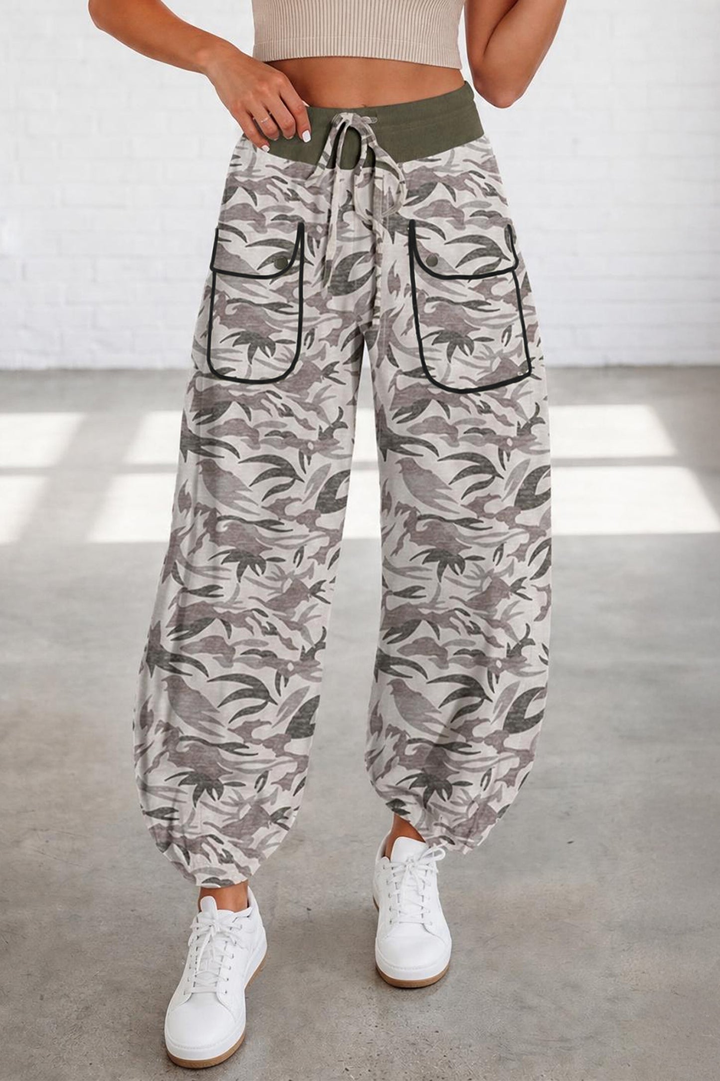 Multicolour Drawstring Contrast Waistband Camouflage Cargo Barrel Pants-Bottoms/Pants & Culotte-[Adult]-[Female]-2022 Online Blue Zone Planet