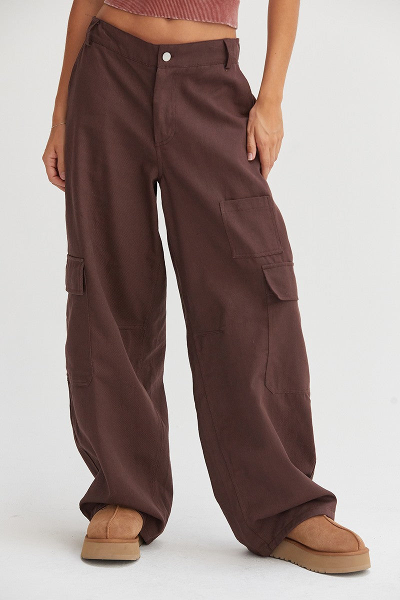 Blue Zone Planet | HYFVE Elastic Waist Wide-Leg Cargo Pants-BOTTOMS SIZES SMALL MEDIUM LARGE-[Adult]-[Female]-Dark Brown-S-2022 Online Blue Zone Planet