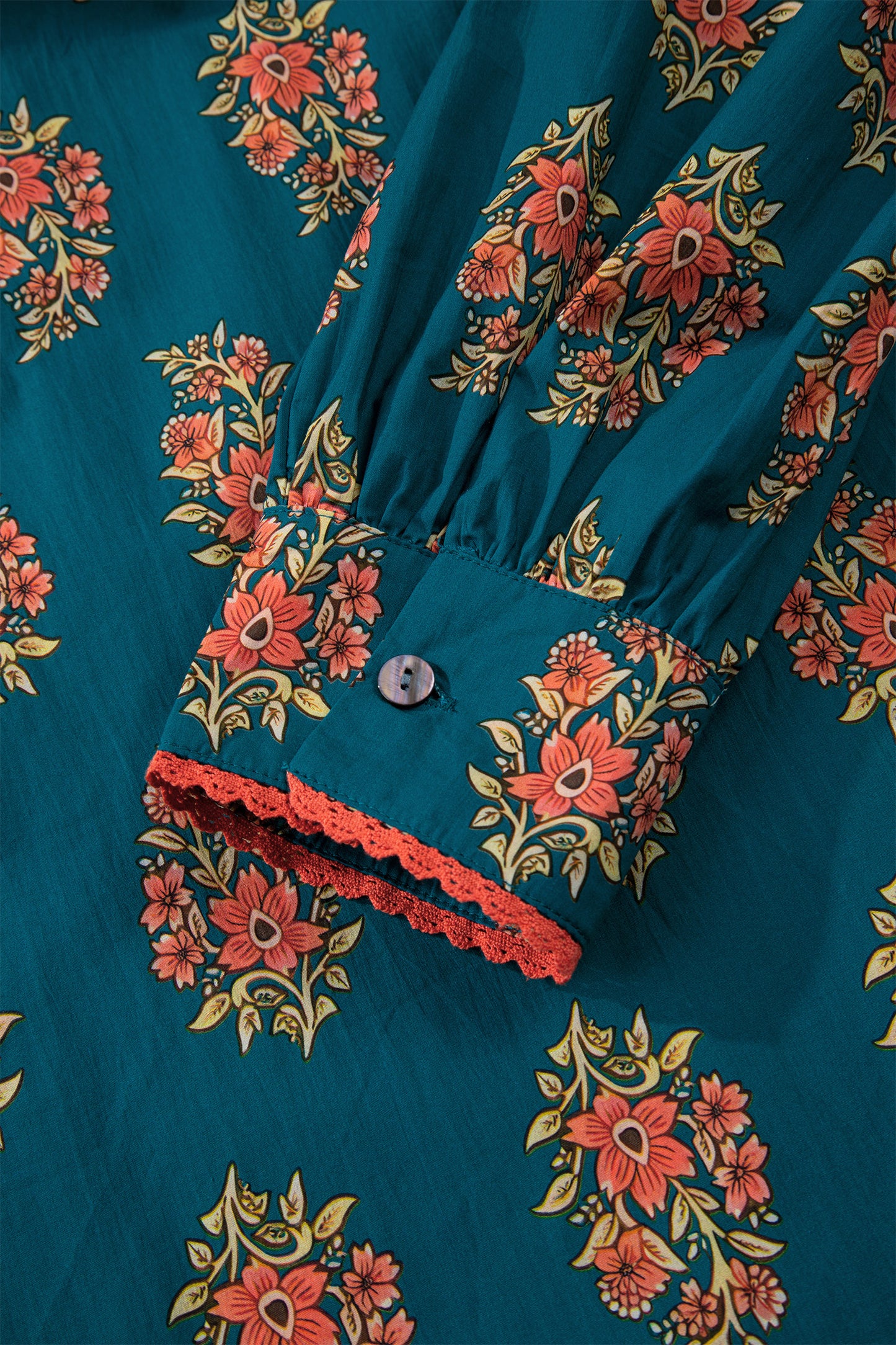 Green Plus Size Floral Print Contrast Lacy Trim Pleated Loose Shirt-Plus Size/Plus Size Tops/Plus Size Blouses & Shirts-[Adult]-[Female]-2022 Online Blue Zone Planet