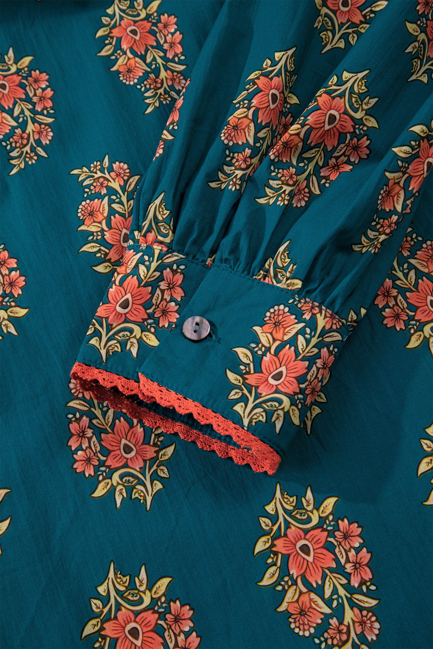 Green Plus Size Floral Print Contrast Lacy Trim Pleated Loose Shirt-Plus Size/Plus Size Tops/Plus Size Blouses & Shirts-[Adult]-[Female]-2022 Online Blue Zone Planet