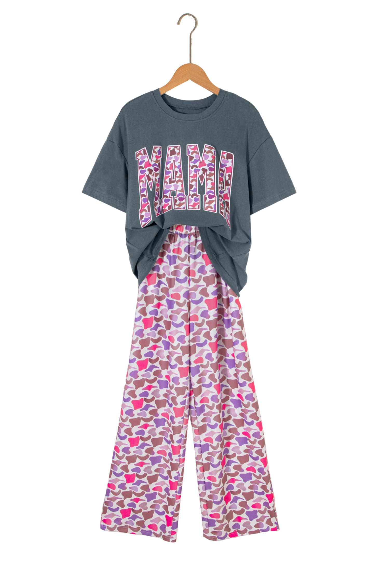 Medium Grey MAMA Letter Graphic Tee Camouflage Print Loose Pant Set-Two Piece Sets/Pant Sets-[Adult]-[Female]-2022 Online Blue Zone Planet