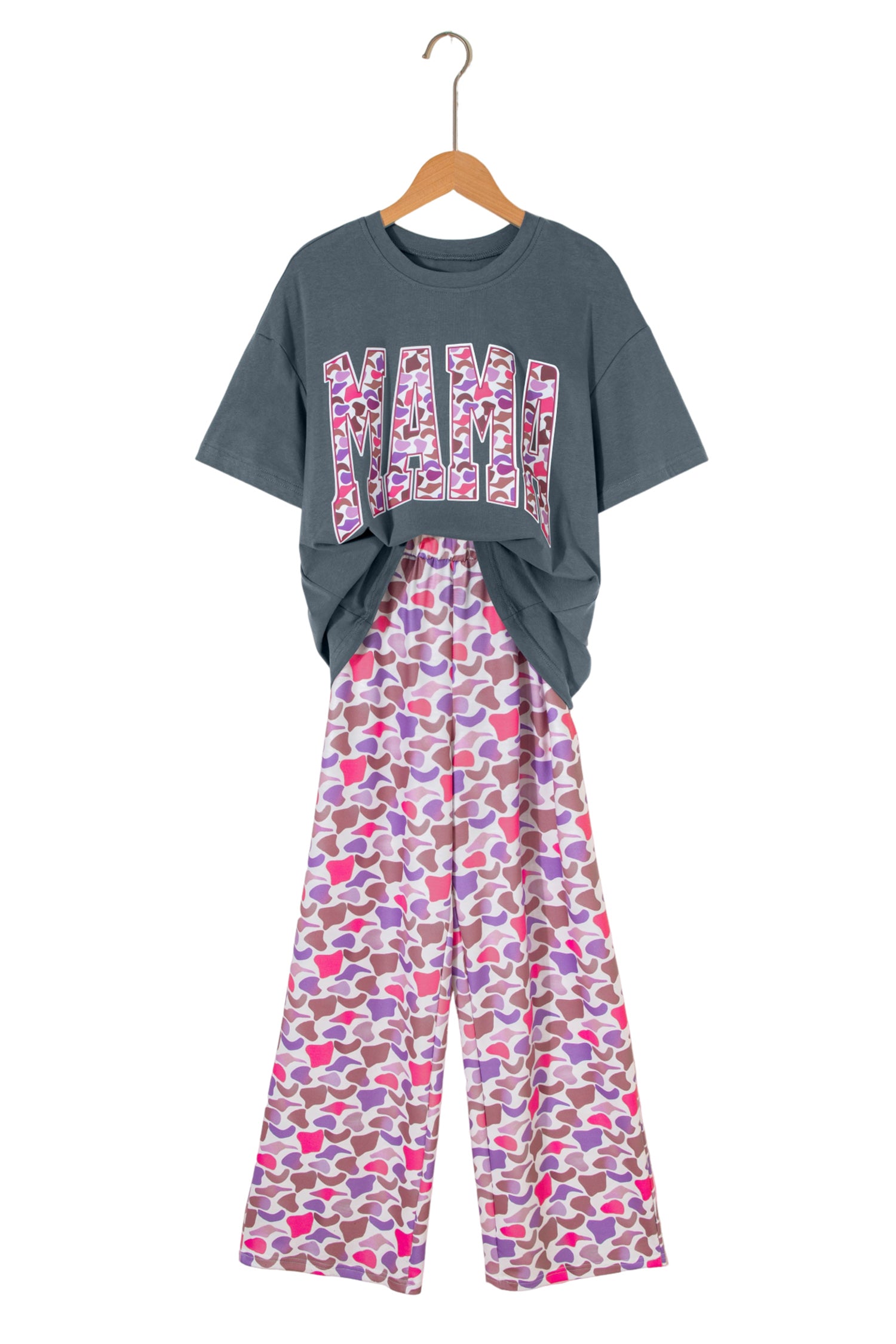 Medium Grey MAMA Letter Graphic Tee Camouflage Print Loose Pant Set-Two Piece Sets/Pant Sets-[Adult]-[Female]-2022 Online Blue Zone Planet